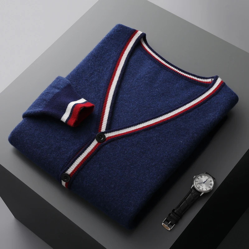 时髦fa宝！V领中厚彩条纯羊毛开衫男士撞色长袖外套宽松休闲打底衫