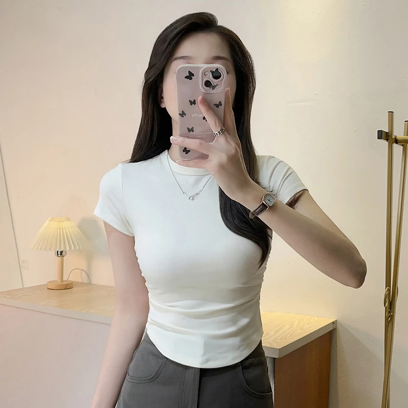 2025夏季新款正肩短袖t恤女弧形下摆小众设计感复古显瘦上衣ins