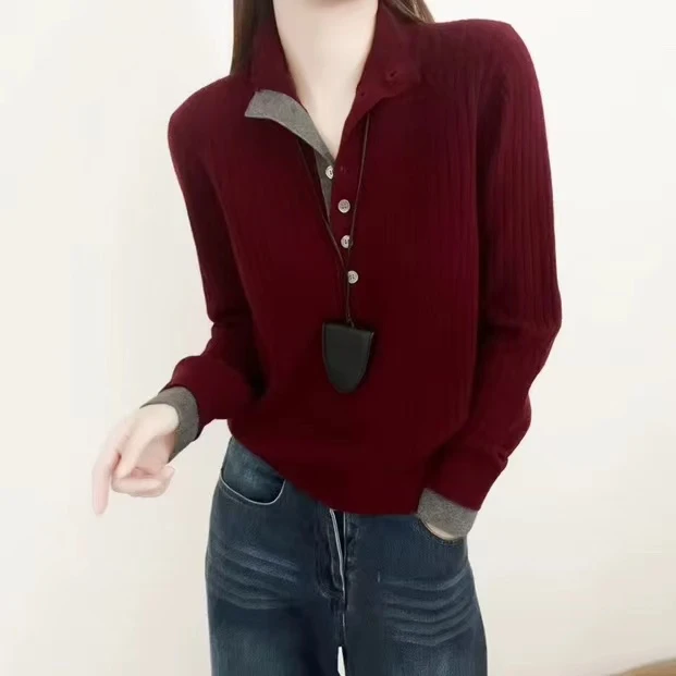 真斯贝尔推荐新款领子撞色多扣套头针织衫