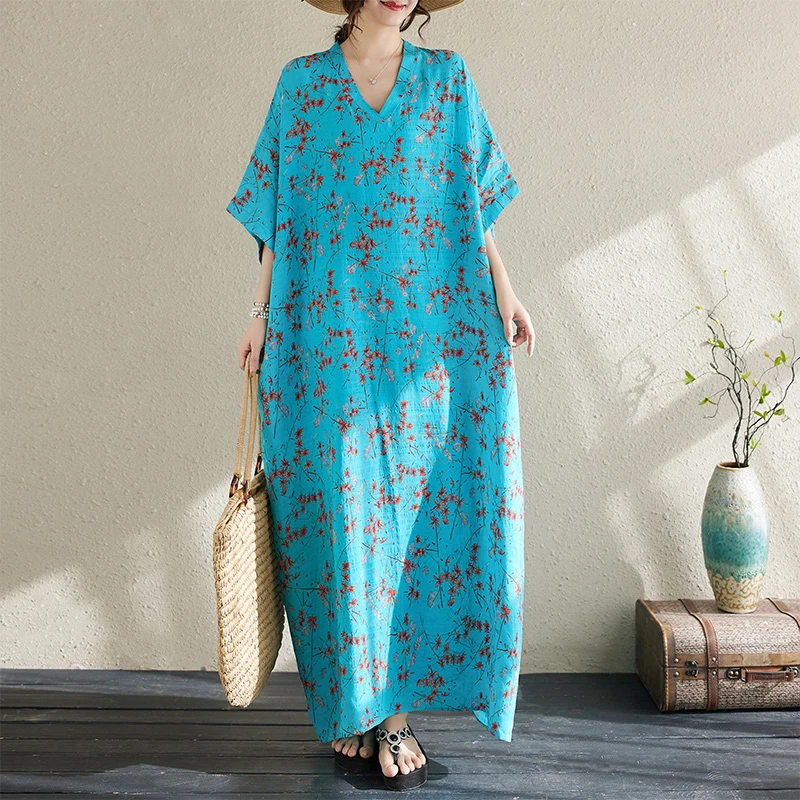 外贸清仓捡漏大码女装度假风沙滩裙复古长裙夏季棉麻短袖连衣裙女