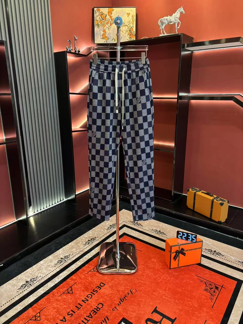 男士棋盘格秋冬潮流阔腿裤条纹美式休闲风长裤百搭