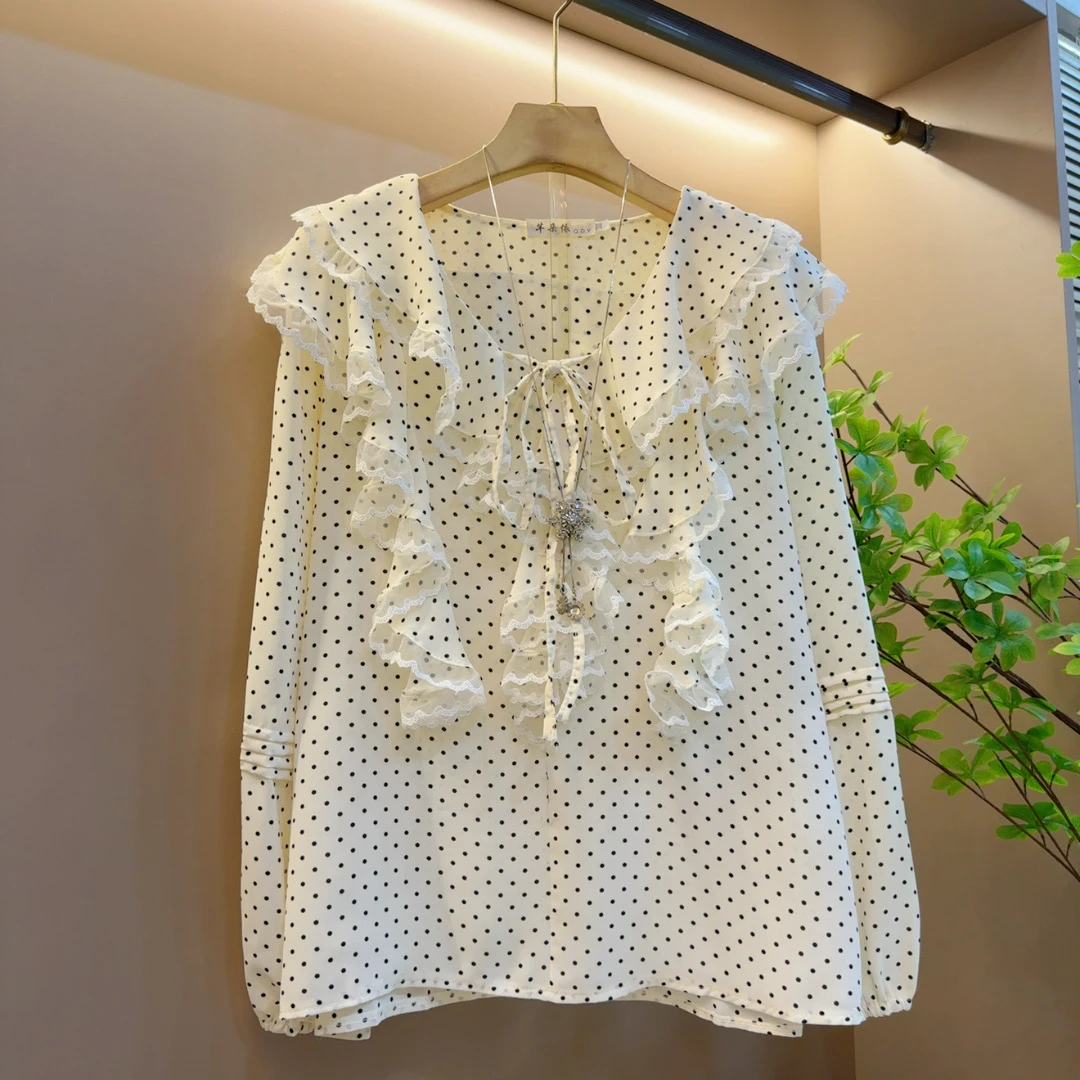 时尚韩版早秋宽松拼接花边显瘦波点减龄上衣（长61左右）