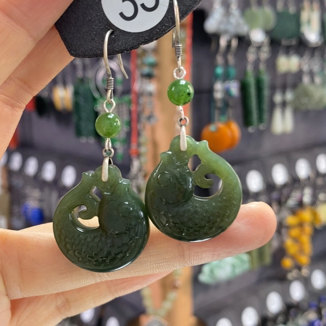 和田玉银S925镶嵌耳饰