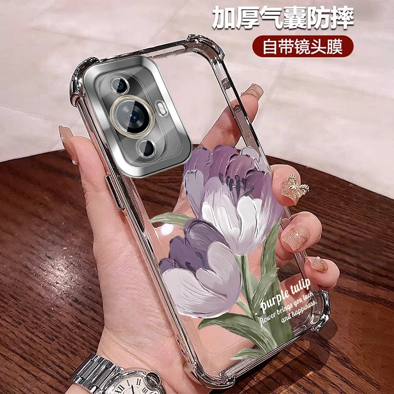带镜头膜适用华为nova11手机壳四角防摔NOVA11Pro小众花朵透明ins