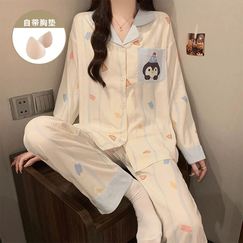 春秋季爆款卡通风企鹅带胸垫睡衣女款长袖长裤女士家居服学生套装