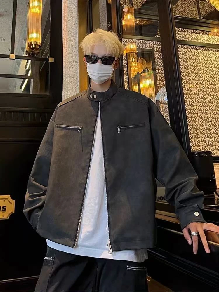 美式复古立领PU皮夹克高级感痞帅扎染翻领机车皮衣外套AG-15608