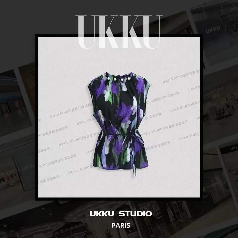 大美【UKKU STUDIO】小众简约纯色款宽松圆领短款珠珠女装T恤312346