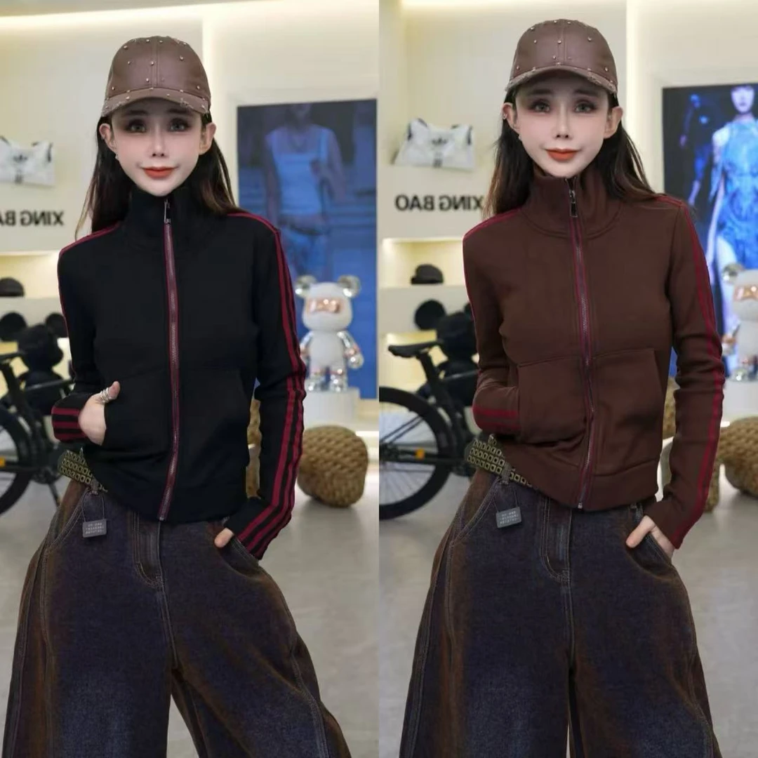 星宝定制欧洲站2025秋冬韩系休闲显瘦拼色加绒加厚拉链外套潮1382