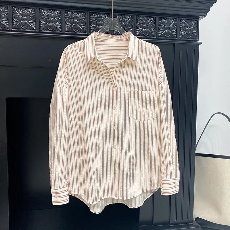 【朵儿studio】莱赛尔天丝混纺条纹休闲设计感衬衫 D614