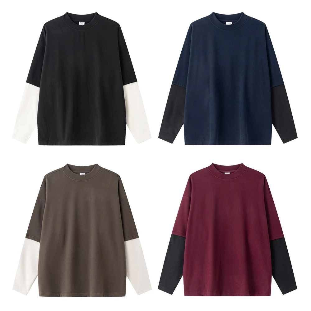 美式高街假两件撞色拼接圆领长袖T恤男女秋季宽松休闲套头打底衫