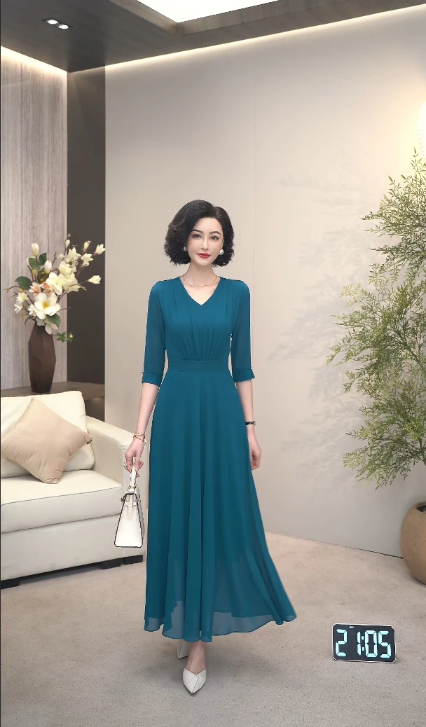 2025夏季新高贵气质孔雀蓝莱赛尔乔其纱轻盈飘逸V领连衣裙WF3196