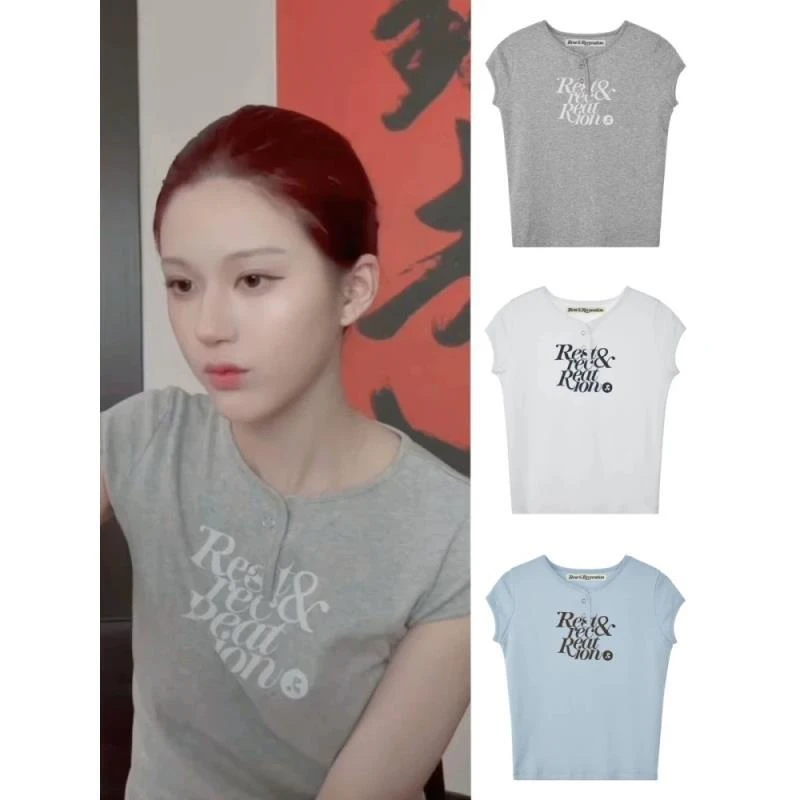 QY-韩系~赵露丝李时安同款修身修身型短款纽扣亨利衫-080309