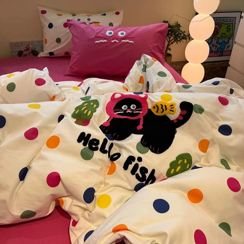 潮走卡通少女心猫吃鱼毛巾绣春夏款四件套冰丝冰丝2025年新款被套