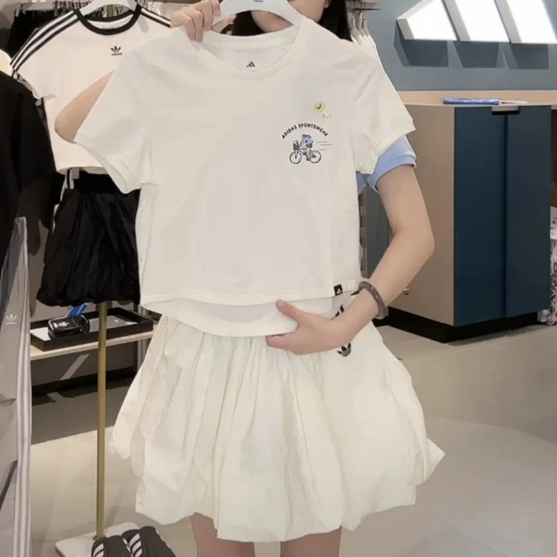 adidas/阿迪达斯白色手绘风印花短款运动休闲短袖圆领T恤JX5327