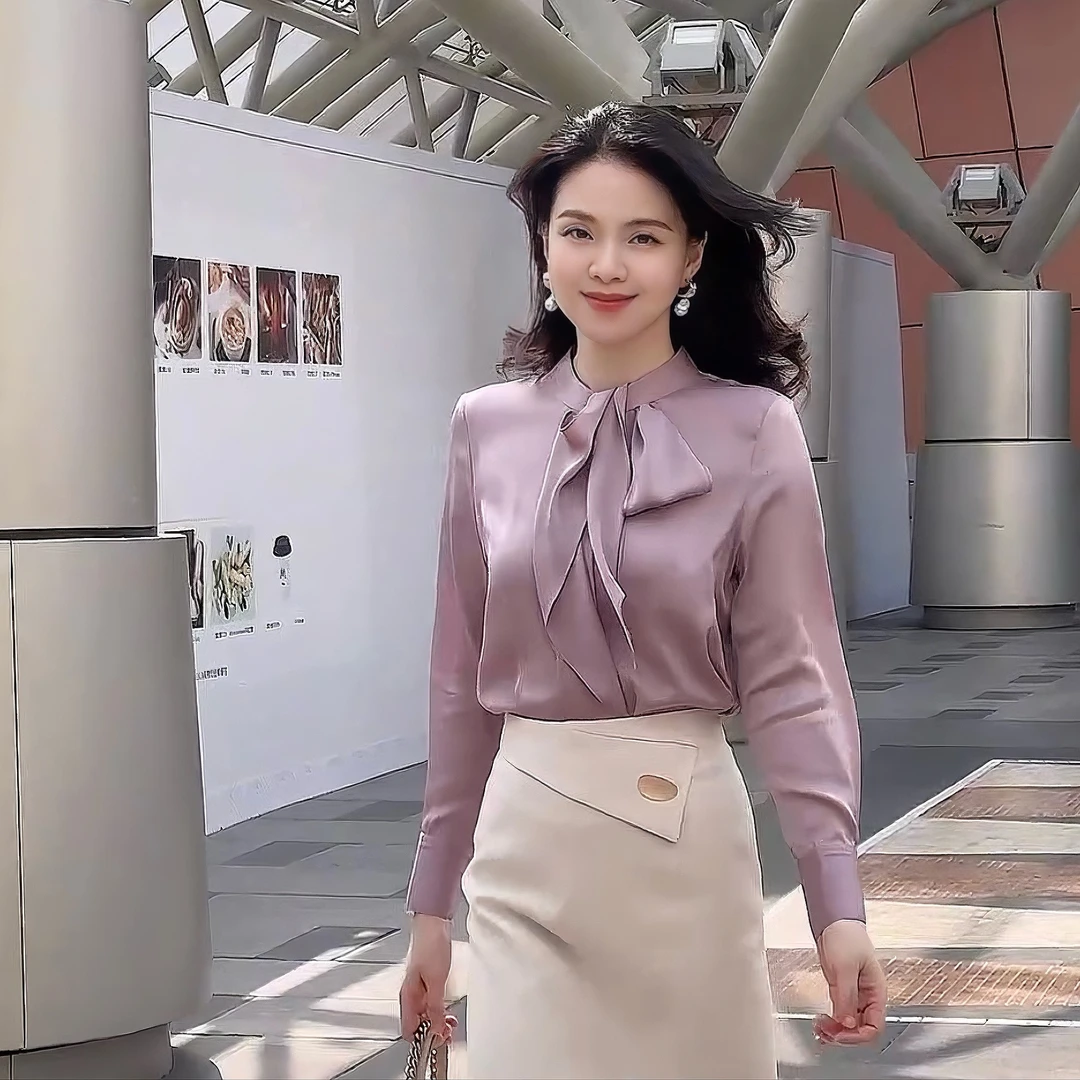 神仙色浆果紫法式优雅重磅桑蚕丝女长袖飘带时尚衬衫上衣27592
