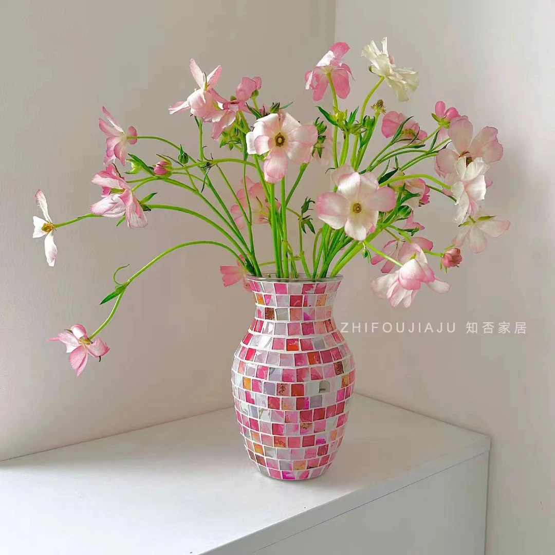 北欧风手工马赛克多彩轻奢 家居装饰品摆件鲜花器玻璃花瓶批发