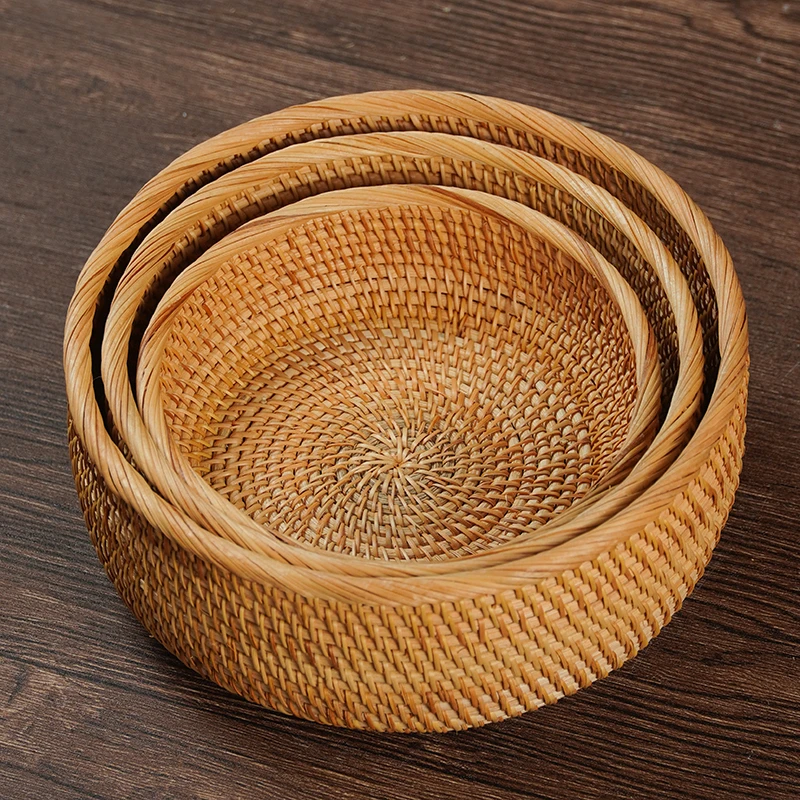 TB002（木语）纯手工中式创意复古家用圆形储物藤编圆框织筐三件套