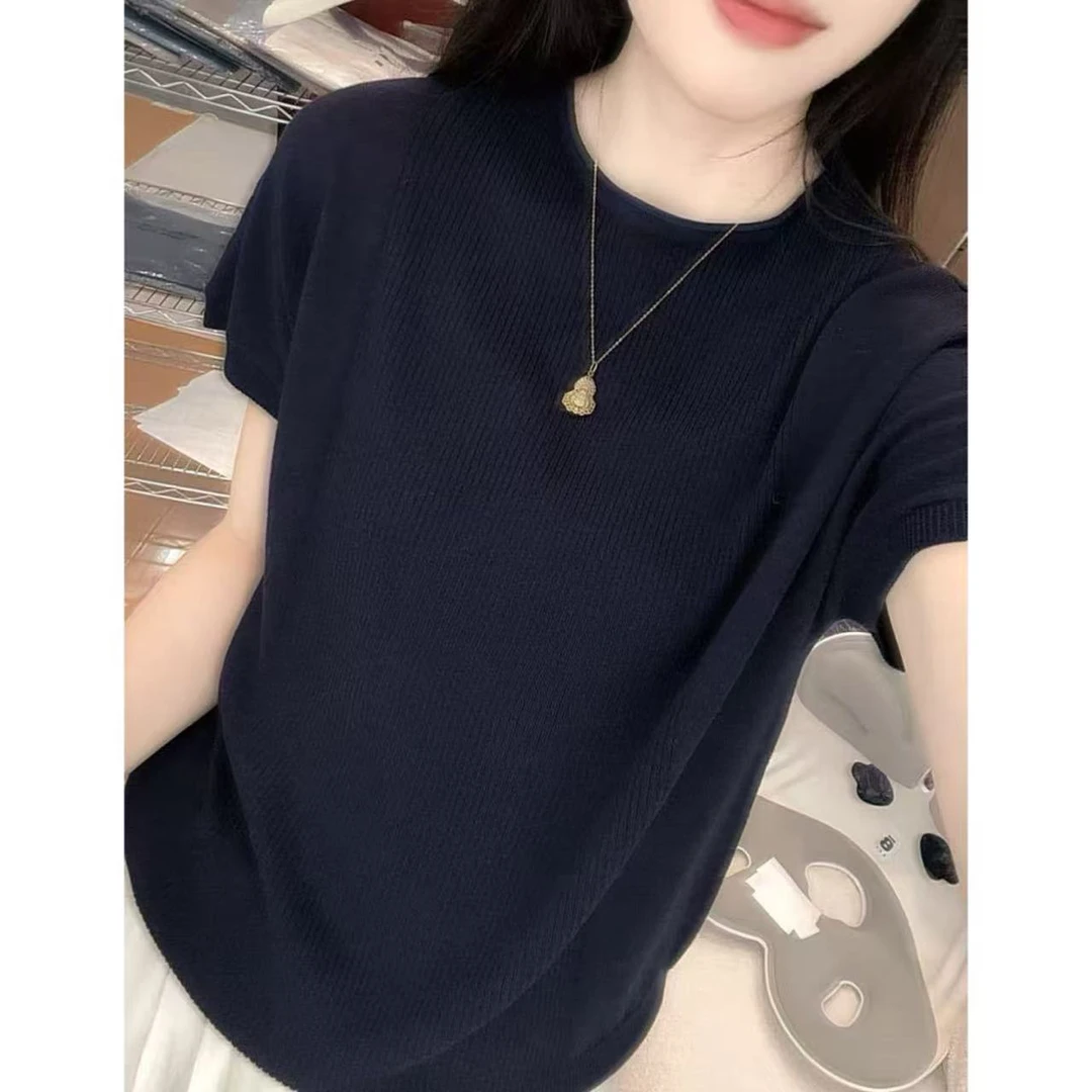 丽丽家~木兰藏青时尚百搭女士卷边圆领短袖上衣