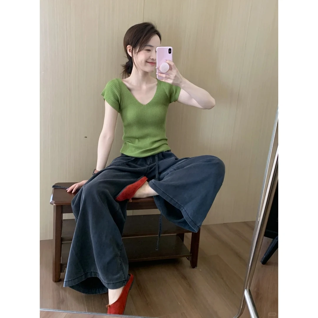 千金清冷感贵系衣服多巴胺纯欲风女装2025新款绿色上衣裤子套装