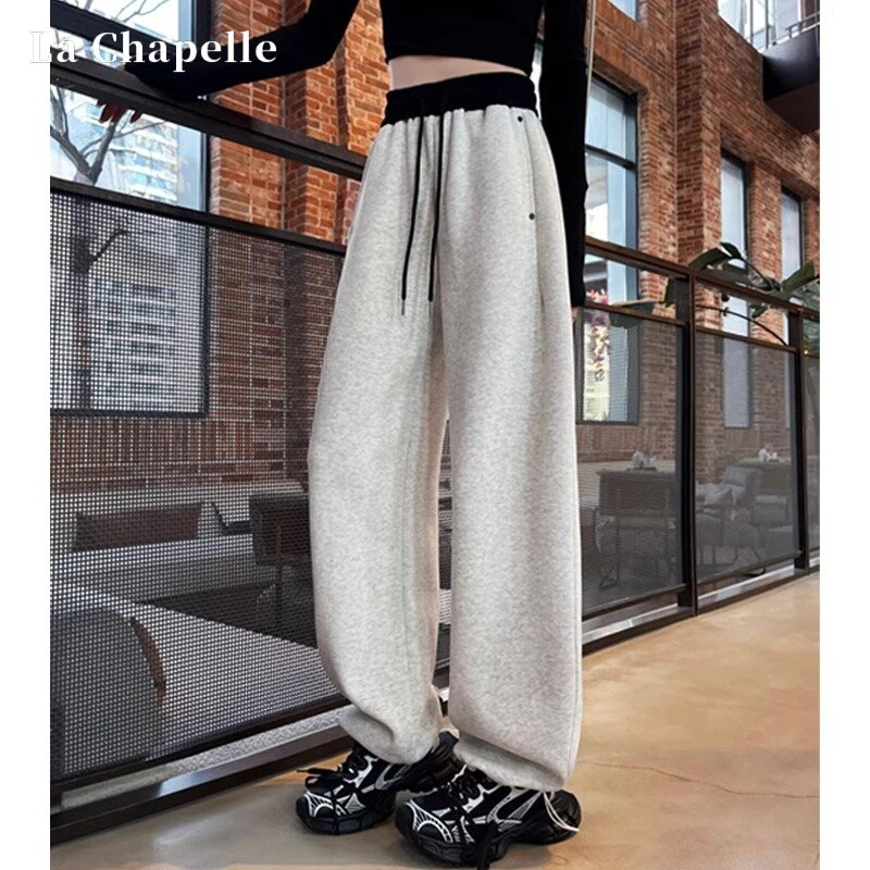 拉夏贝尔松紧腰拼接运动裤女春秋高腰抽绳美式撞色阔腿弯刀卫裤子