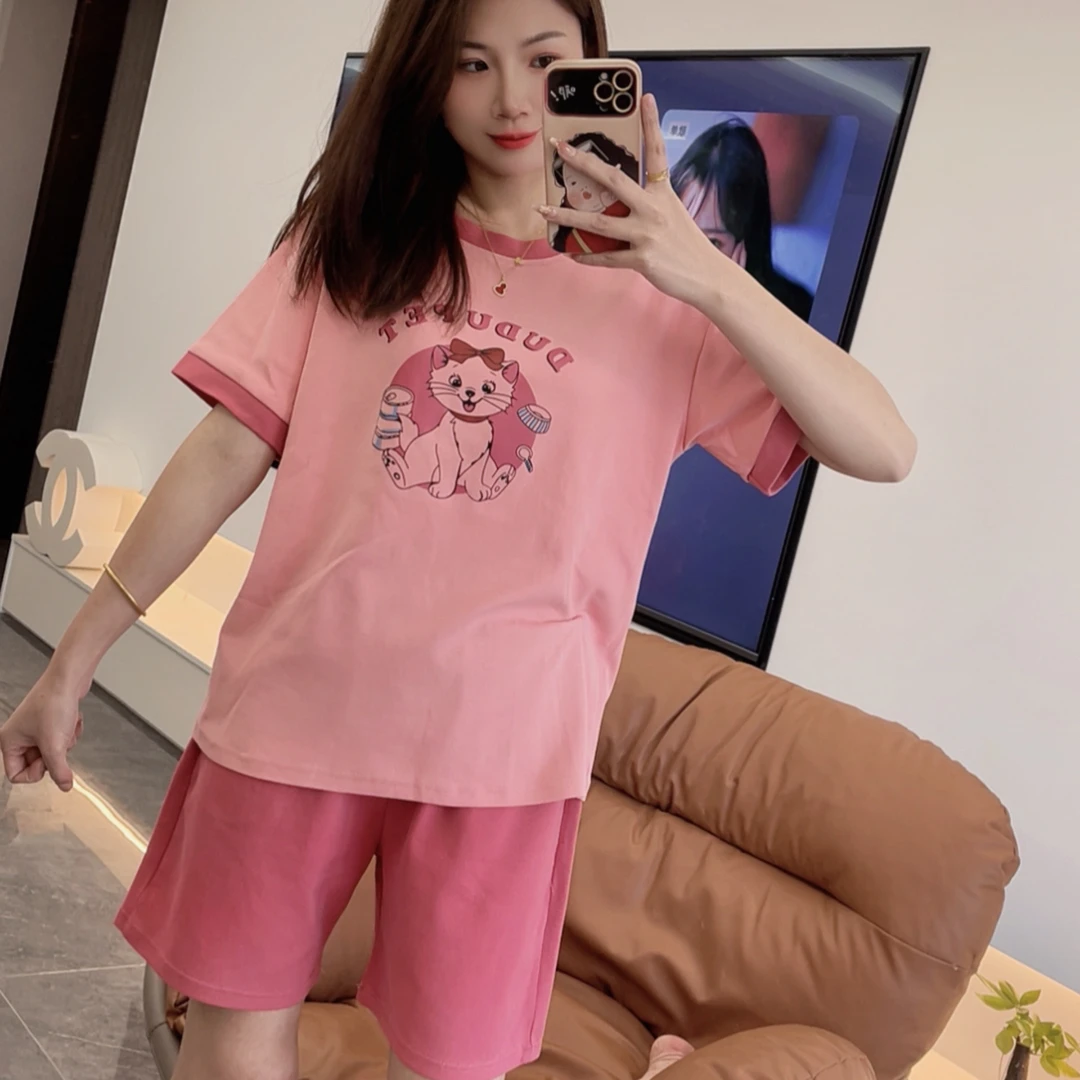 (带胸垫)夏季女士纯棉短袖短裤休闲睡衣套装梅粉猫咪9915