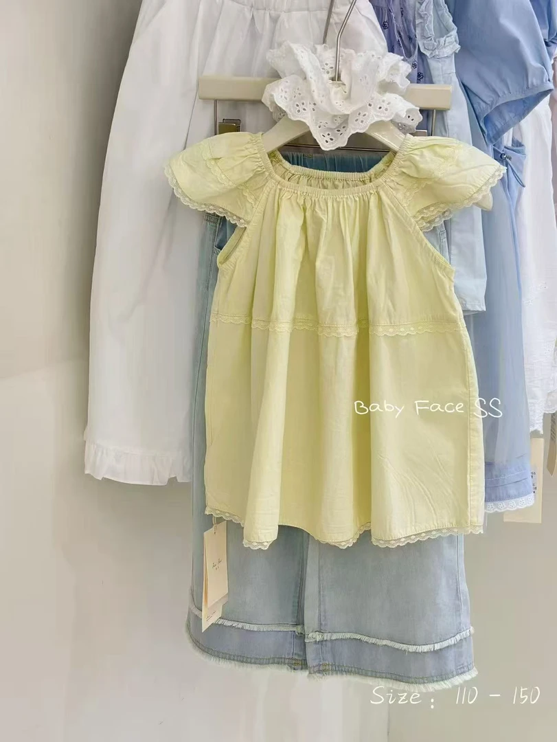 韩国童装25短袖衬衫上衣夏季新款甜美小衫宽松中长款小飞袖娃娃衫