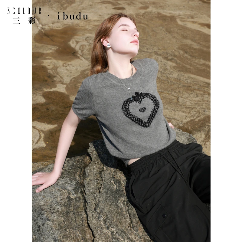 三彩ibudu2025春季爱心提花短袖针织衫毛衫休闲显瘦短款女0008