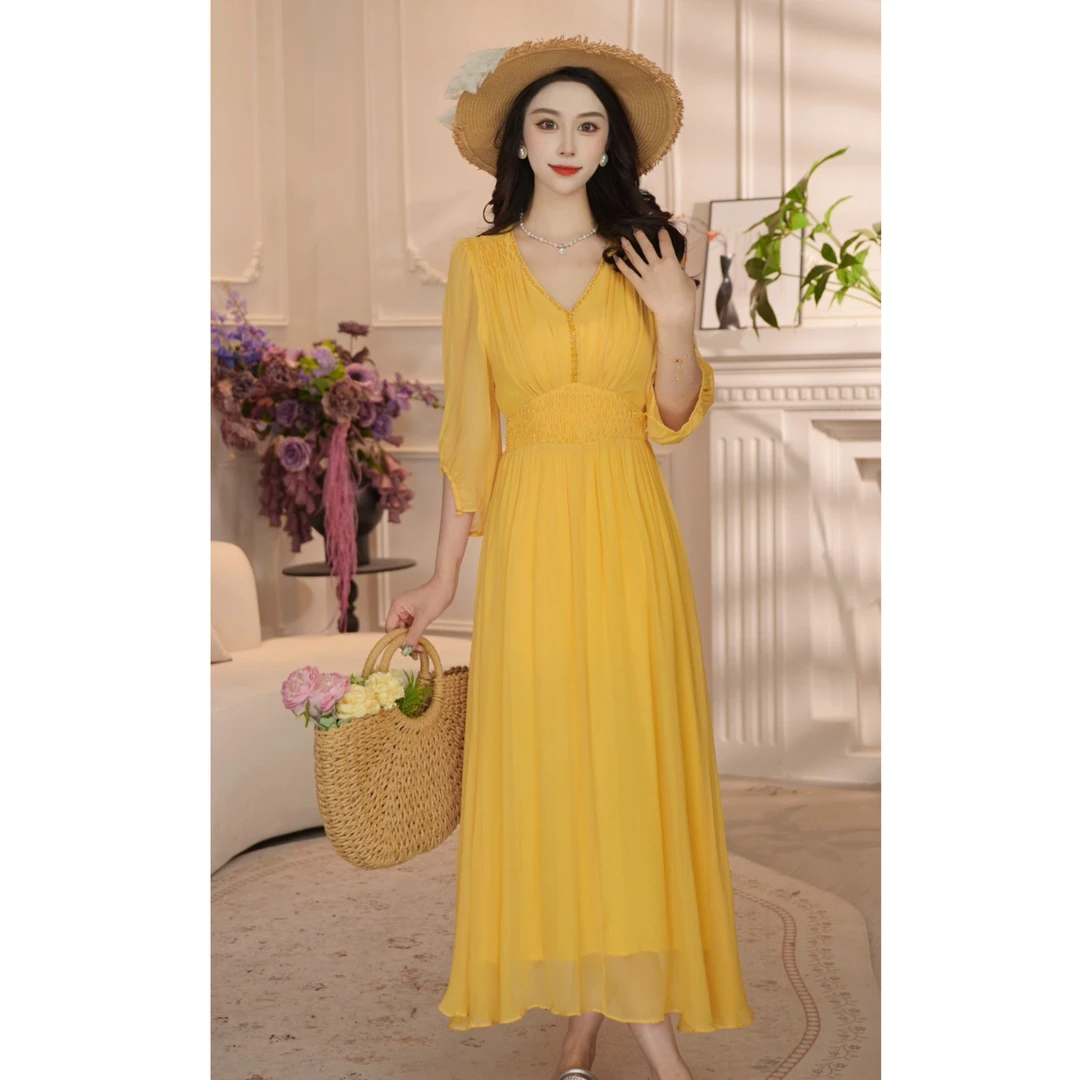 【香水柠檬】26年轻奢优雅气质收腰高端中长款连衣裙