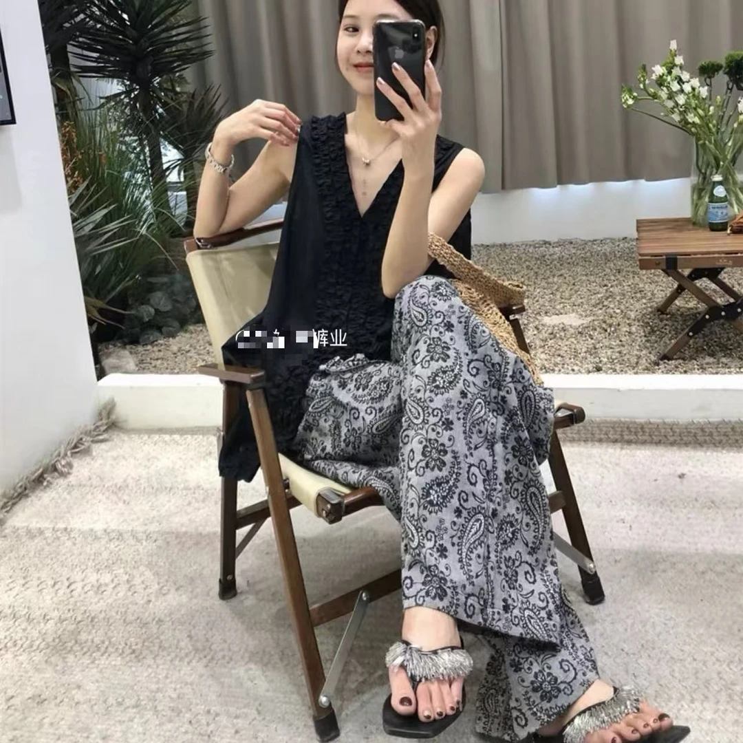 【苏苏精选】5810【定制花色】夏季薄款高腰腰果花休闲印花潮流阔腿裤