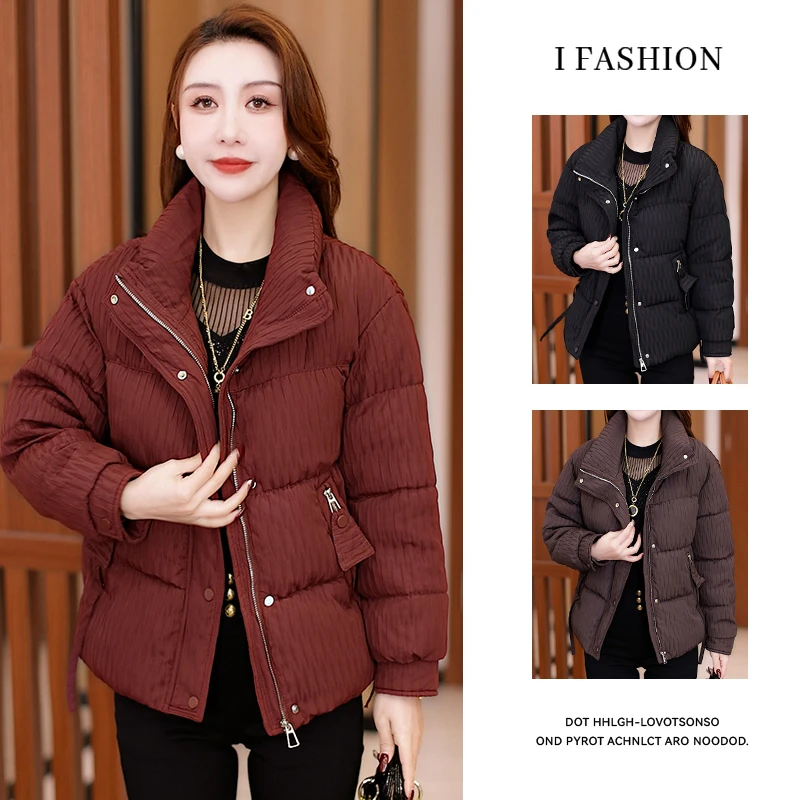 极简风休闲洋气短款棉服女2025冬季新款慵懒风加棉保暖立领短外套