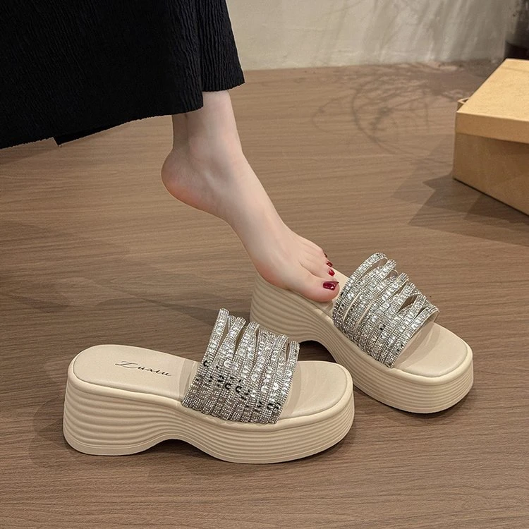 夏季新款一字拖拖鞋松糕底跟底橡胶鞋底PU帮面厚底时尚外穿百搭