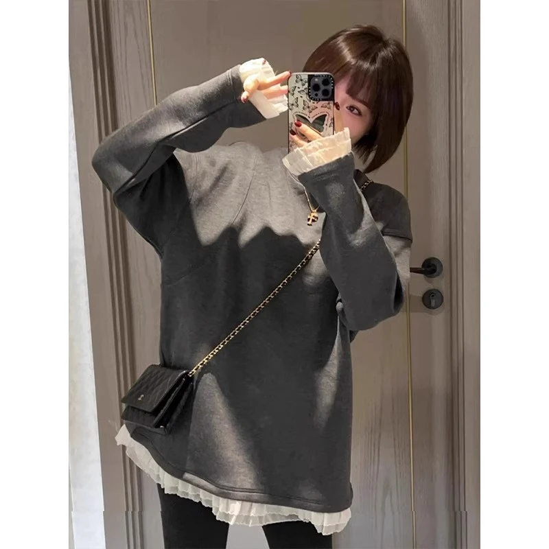 芊芊芙简约花边春季加绒卫衣女2025新款韩系圆领中长款遮屁股上衣