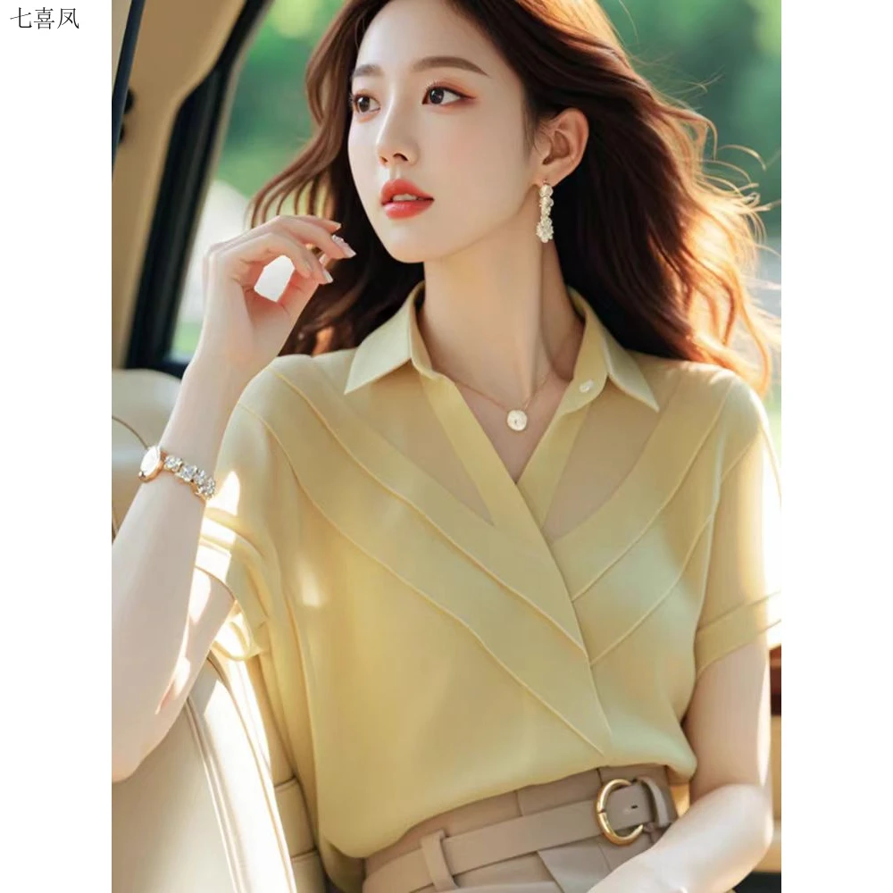 新款优雅宽松短袖聚酯纤维法式围巾领雪纺衫女士夏季黄色上衣