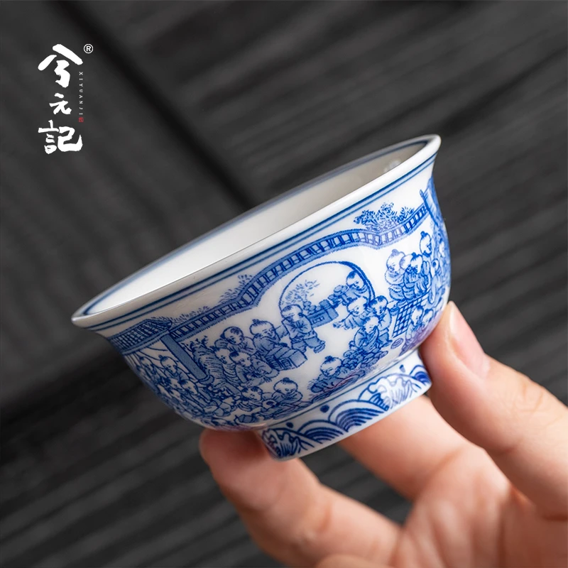 兮元记青花百子图压手杯陶瓷茶杯主人杯个人专用高档功夫茶具单杯