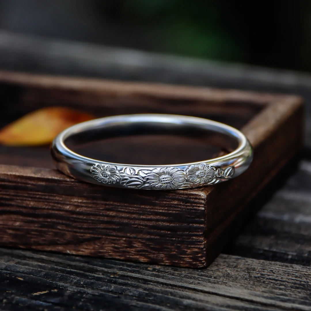 足银手镯 向日葵 足银999实心开口闭口南瓜头手工錾刻定制刻字