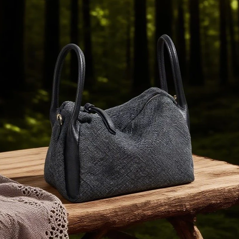 2025新款真皮女包文艺复古苎麻配头层牛皮手腕手提包250629