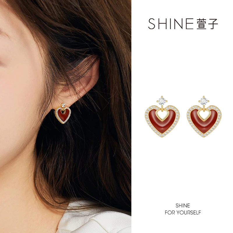 SHINE都市时髦红色爱心耳环闪耀浪漫简约