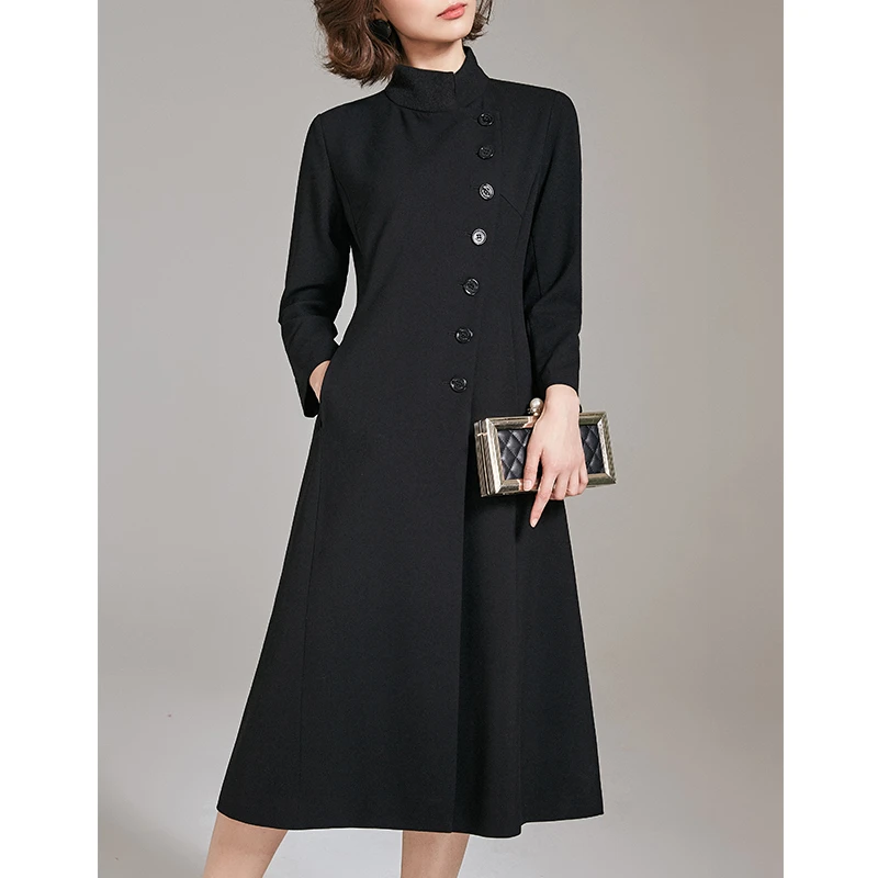 长裙通勤显瘦气质A字小黑裙中长款长袖打底优雅黑色秋冬连衣裙