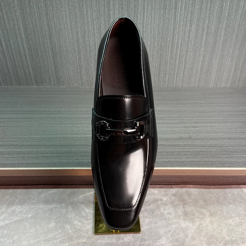 新款男士马衔扣一脚蹬乐福鞋真皮亮皮英伦风百搭潮流都市商务皮鞋