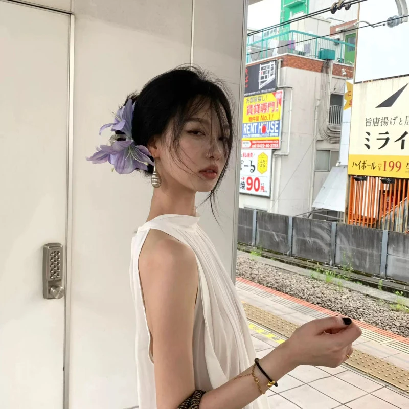 超仙紫色仿真百合抓夹纯欲风高级感仙气发抓小众独特后脑勺鲨鱼夹