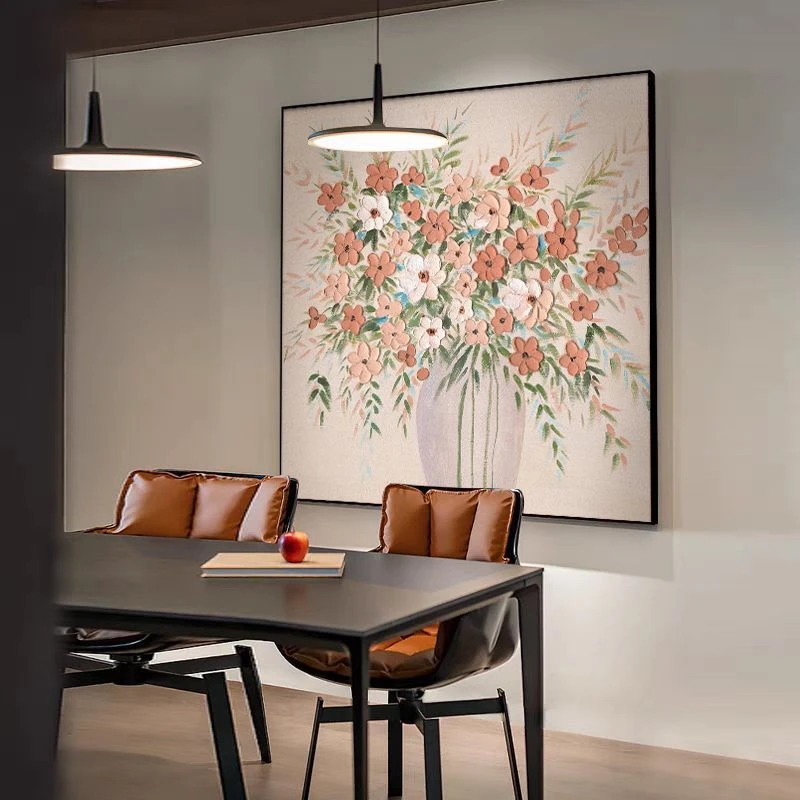 繁花似锦手绘油画布方形餐厅装饰画北欧风丙烯肌理花卉客厅挂画