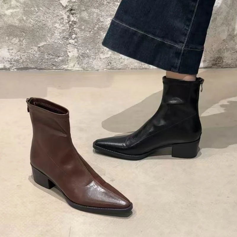 5厘米方跟磨毛内里方头短筒靴时装靴光版百搭H265弹力瘦瘦靴