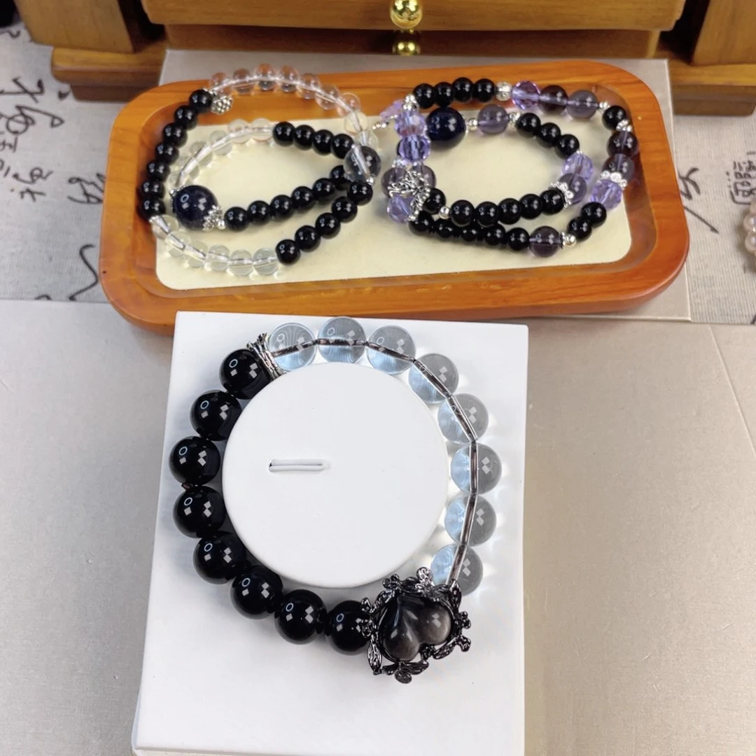 黑曜岩手链银S925镀金镶嵌