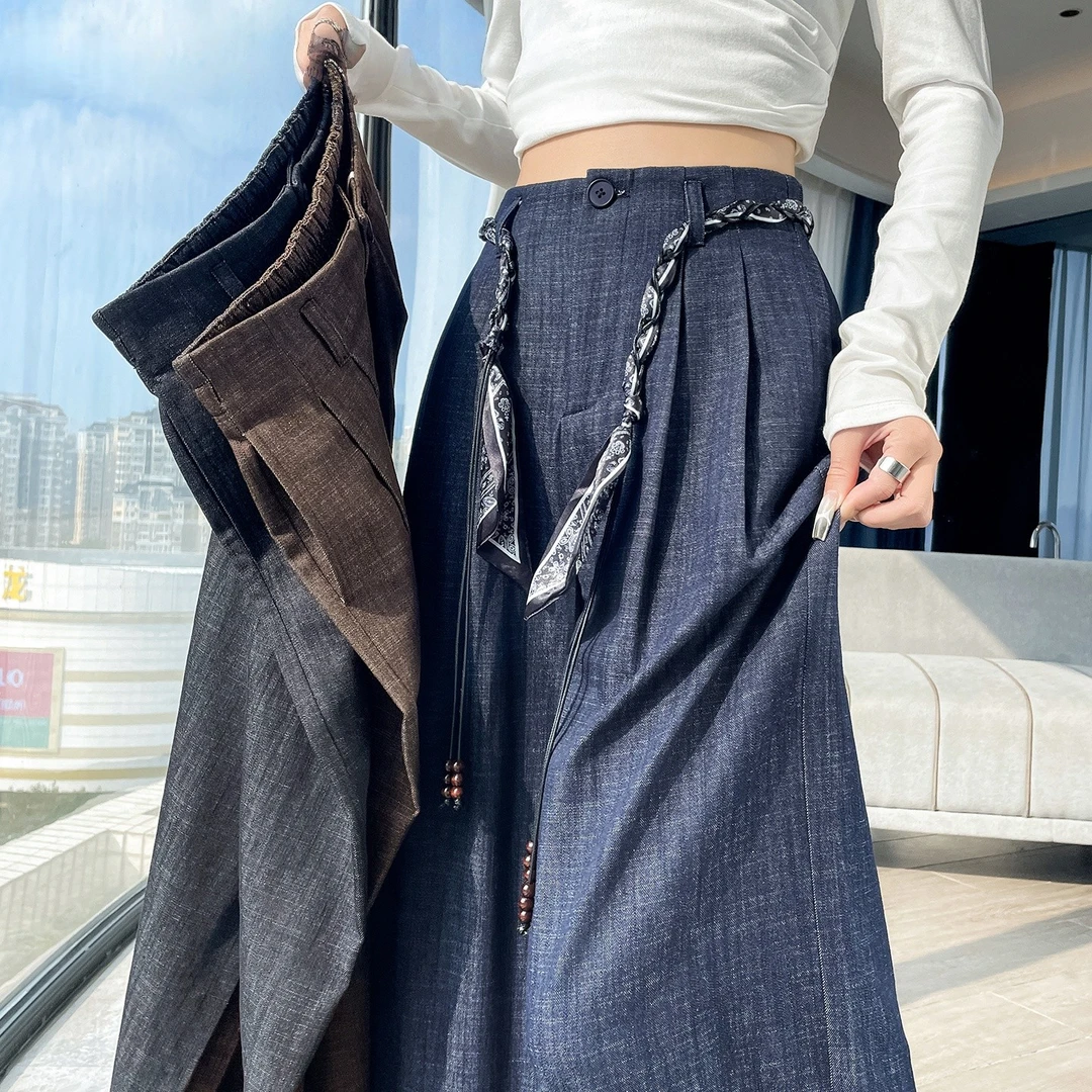 今年爆款竹节仿牛仔窄版阔腿裤女秋季高腰垂感显瘦慵懒休闲拖地裤