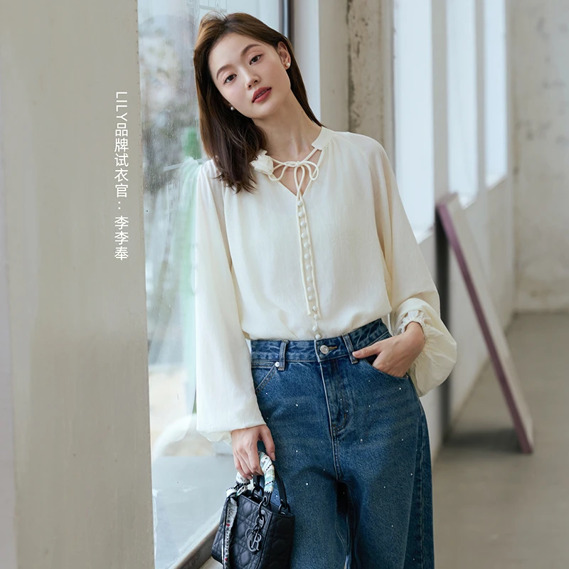 LILY法式优雅气质轻盈玫瑰系带设计感花苞袖口套头衫124309C8913