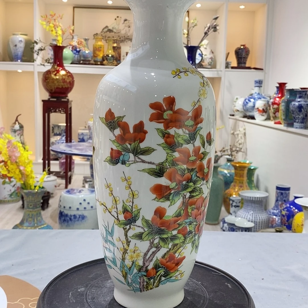 陶摆件37.5cm茶梅迎春冬瓜瓶