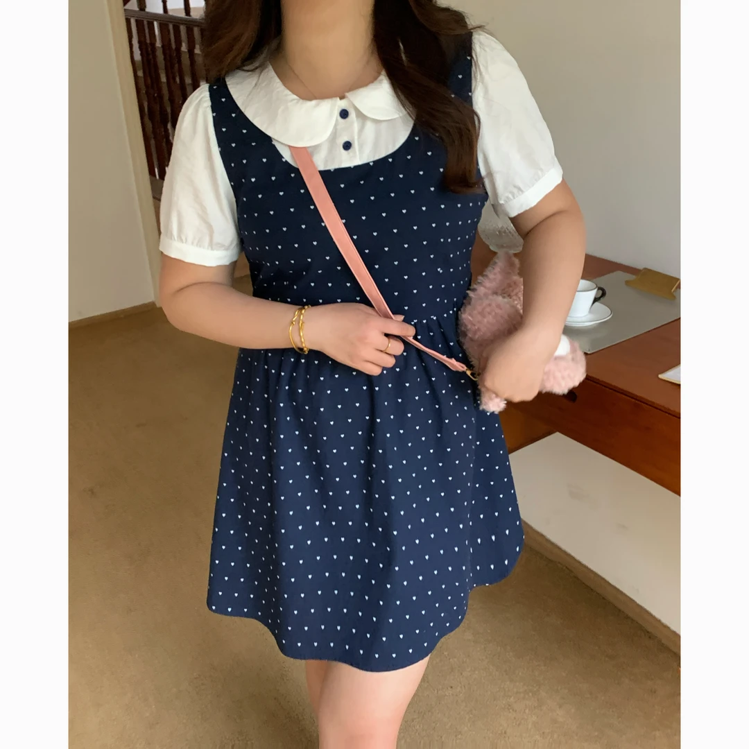 大码女装夏季假两件连衣裙女微胖妹妹显瘦娃娃领短袖A字连衣裙女