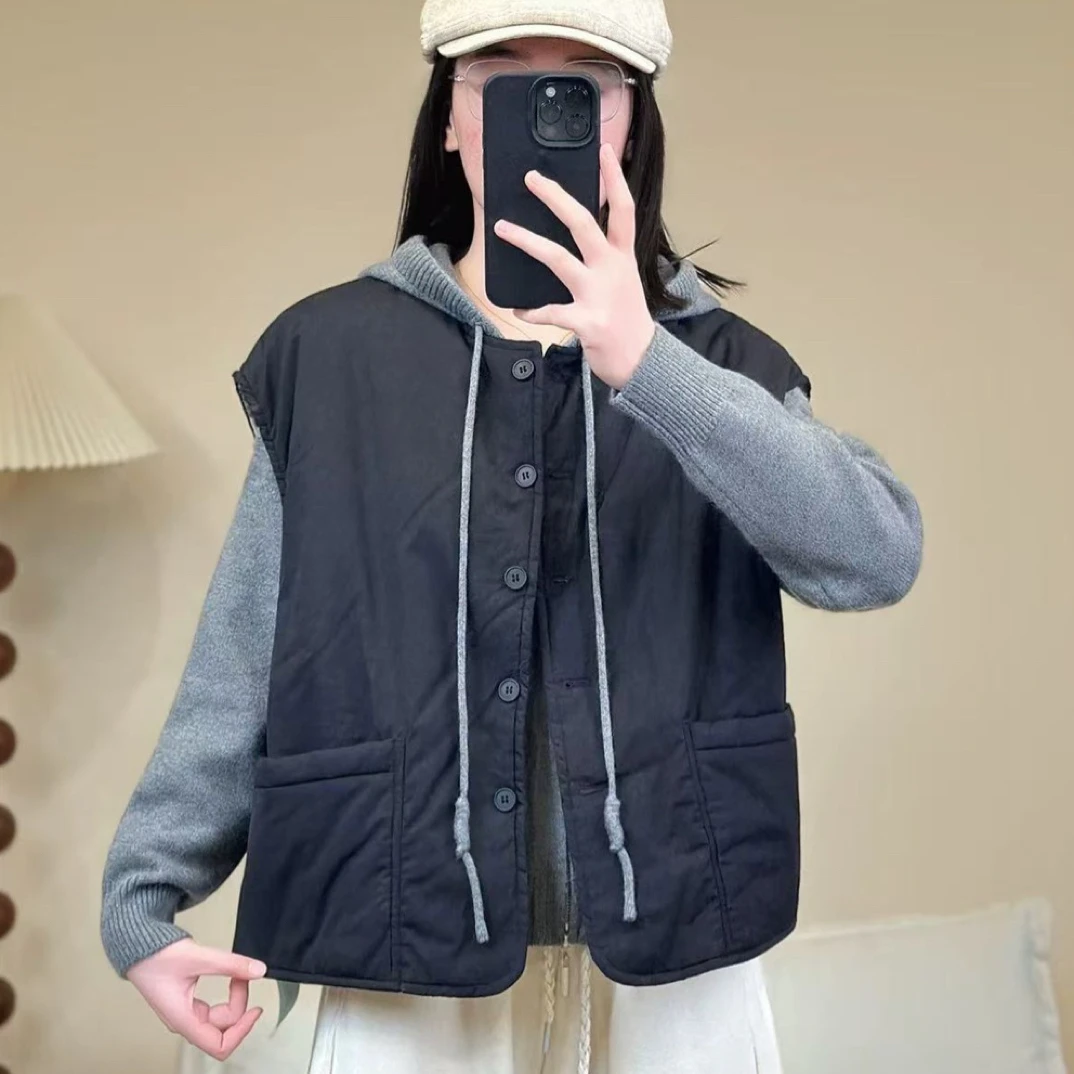 7123夹棉加厚保暖圆领宽松大口袋复古工装马甲外套女秋冬百搭马夹