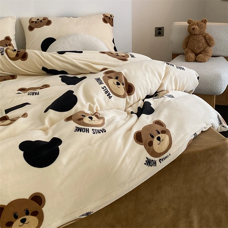 春秋故事冬季新款小清新双面牛奶绒四件套保暖珊瑚绒被套不掉毛