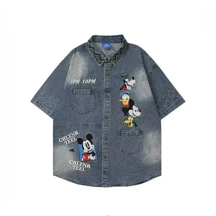 奥特莱斯~剪标年美式复古趣味时尚刺绣潮流衬衣短袖衬衫男女牛仔